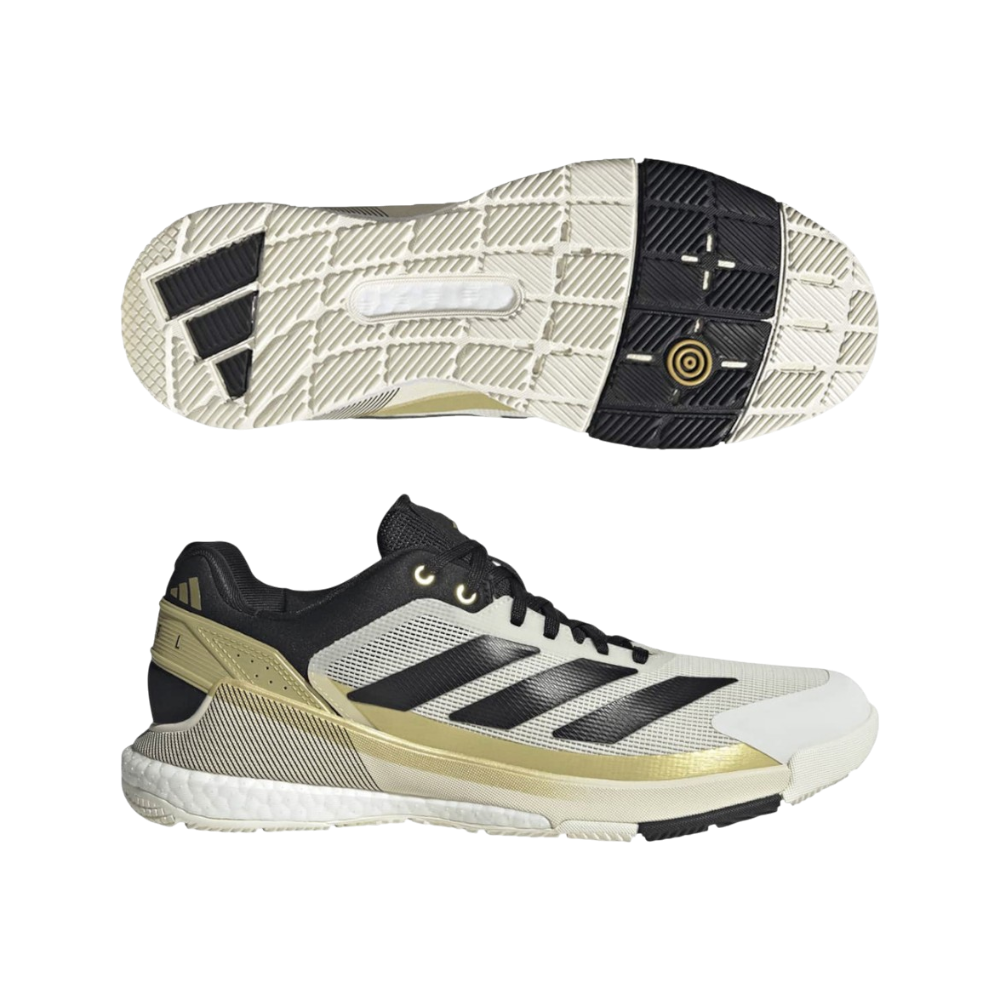 Zapatillas de pádel Adidas Crazyquick Boost de hombre en blanco roto, vista lateral y suela