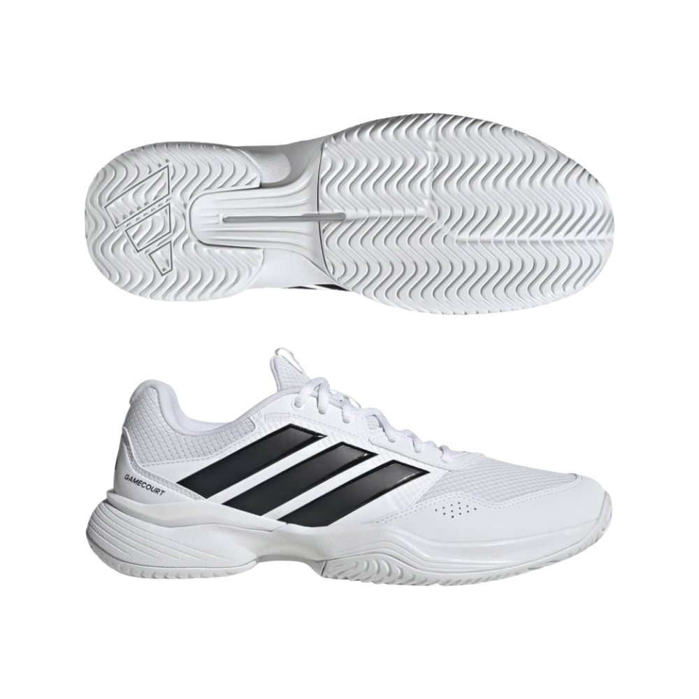 Zapatillas de pádel Adidas Gamecourt 3 de hombre en blanco, vista lateral y suela