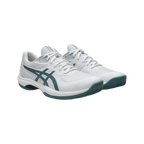 Zapatillas de pádel Asics Game FF Clay/OC de hombre en blanco/azul petróleo, vista lateral y suela
