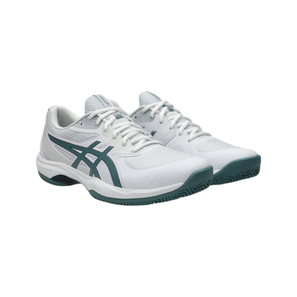 Zapatillas de pádel Asics Game FF Clay/OC de hombre en blanco/azul petróleo, vista lateral y suela