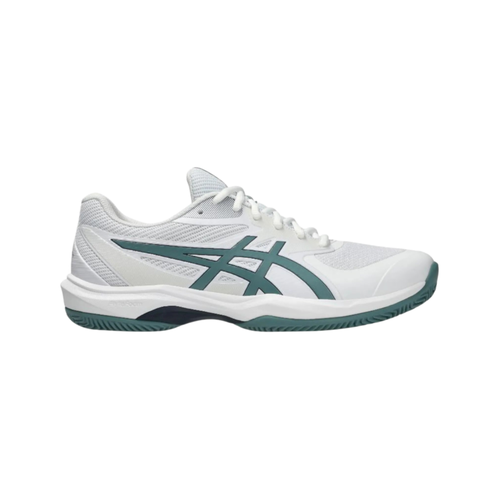 Zapatillas de pádel Asics Game FF Clay/OC de hombre en blanco/azul petróleo, vista en tres cuartos