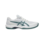 Zapatillas de pádel Asics Game FF Clay/OC de hombre en blanco/azul petróleo, vista en tres cuartos