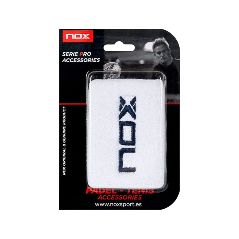 Muñequeras Nox deportivas blancas con logo azul marino 2 unidades