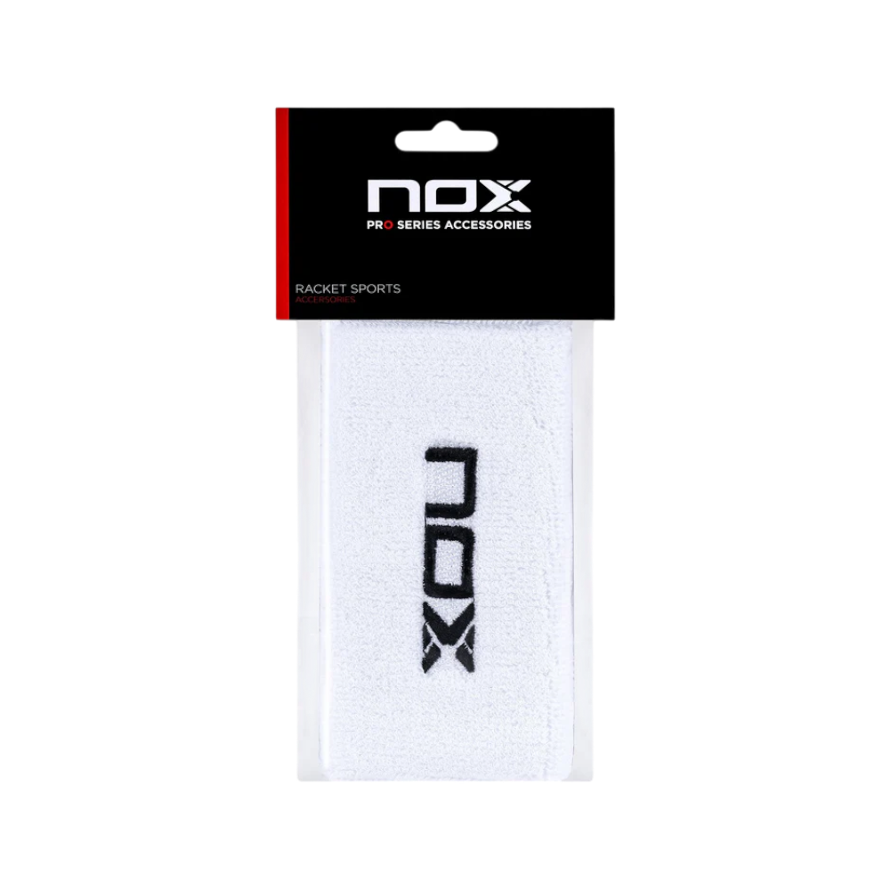 Muñequeras Nox deportivas largas blancas con logo negro 2 unidades