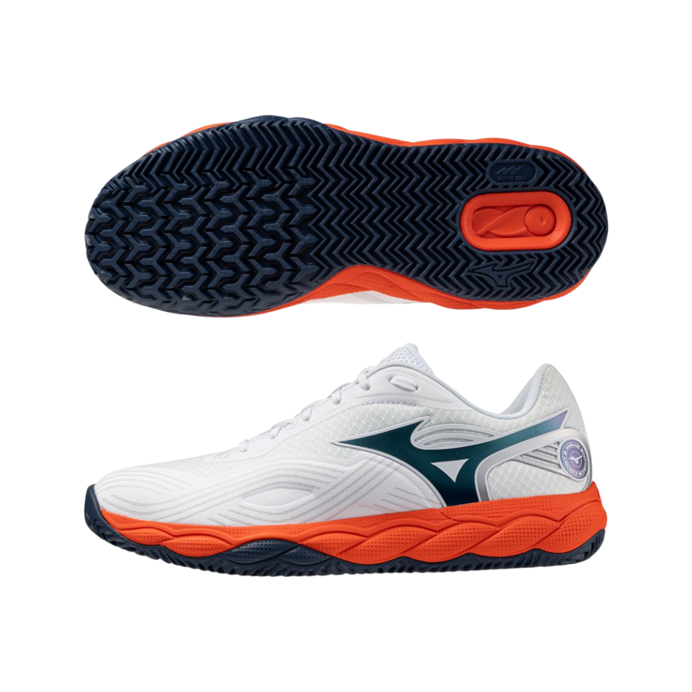 Zapatillas de pádel Mizuno Neo Ace CC de hombre en blanco/azul, vista lateral y suela