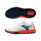 Zapatillas de pádel Mizuno Neo Ace CC de hombre en blanco/azul, vista lateral y suela