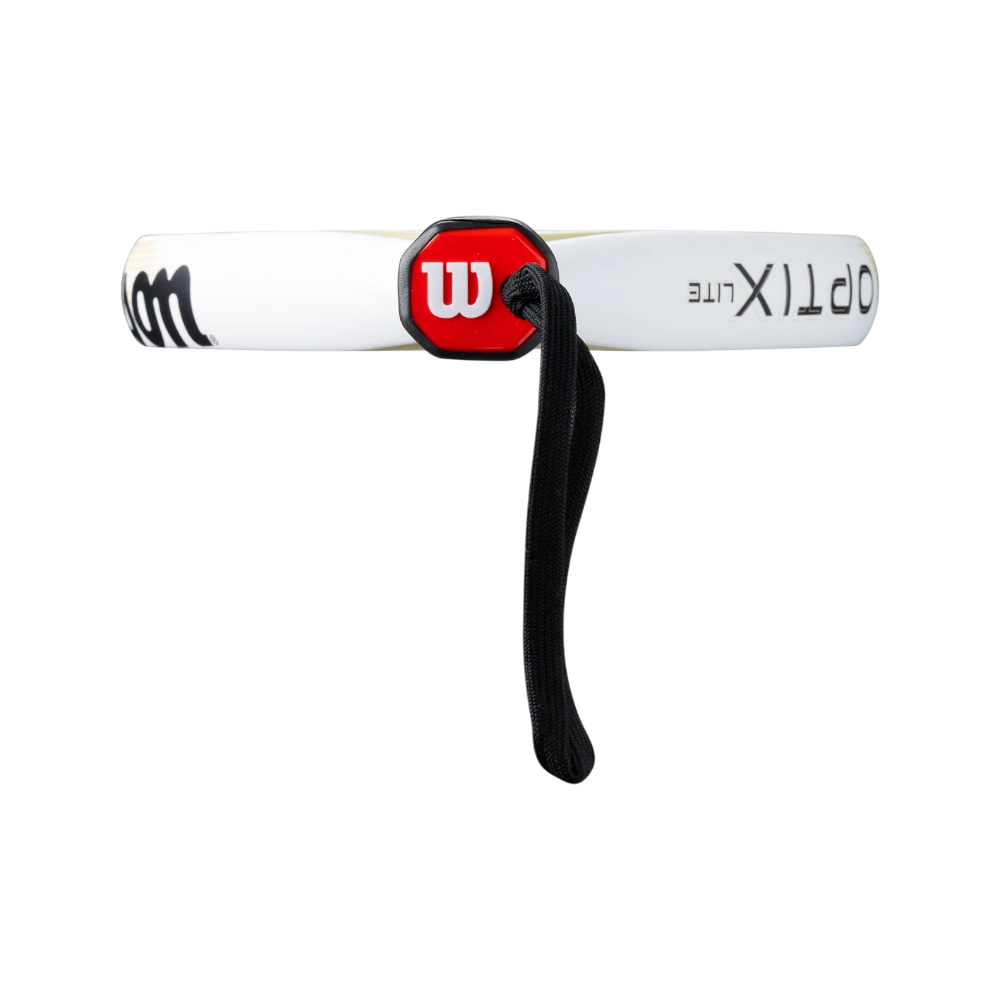 Pala Wilson Optix V2 Lite Blanca 2026 — detalle del protector y el cordón