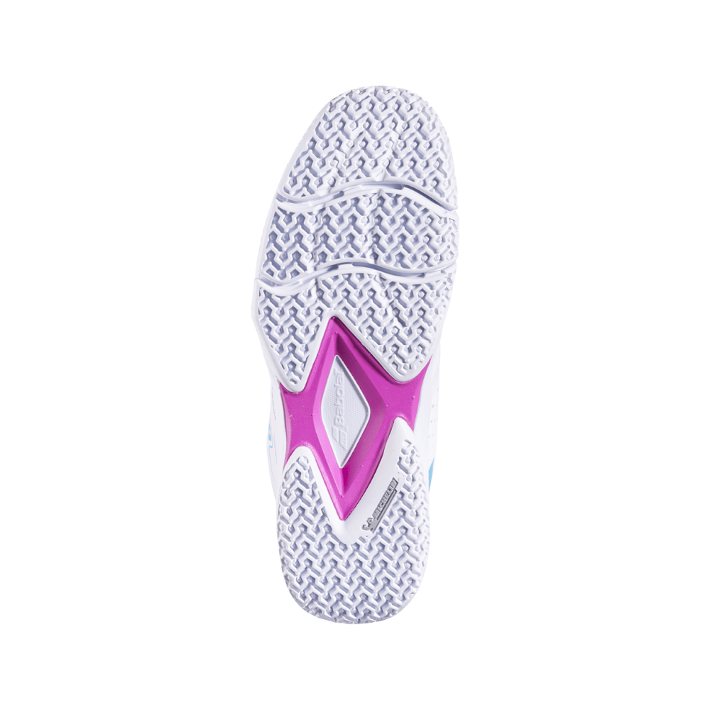 Zapatillas de pádel Babolat Sensa Rise de mujer en blanco/rojo, detalle de la suela