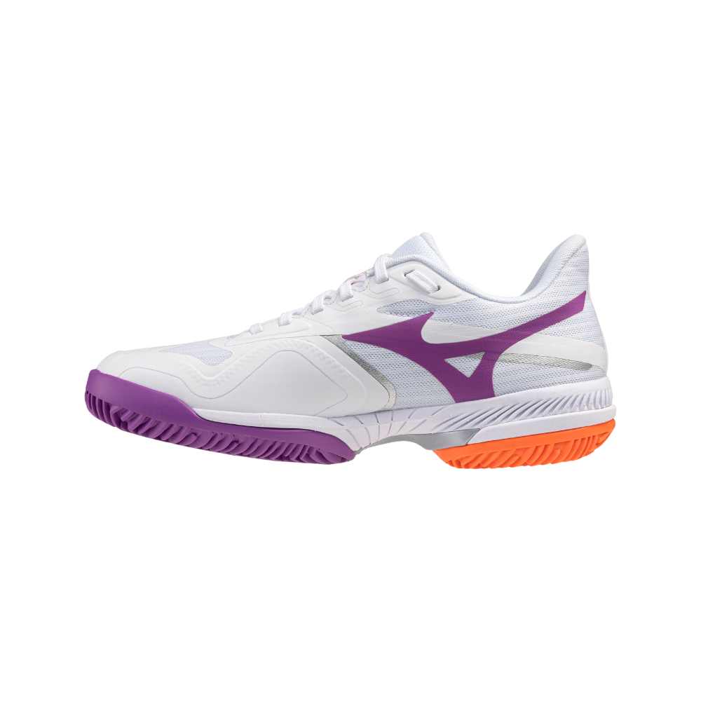 Zapatillas de pádel Mizuno Wave Exceed Court CC de mujer en blanco/rosa/naranja, vista lateral interior