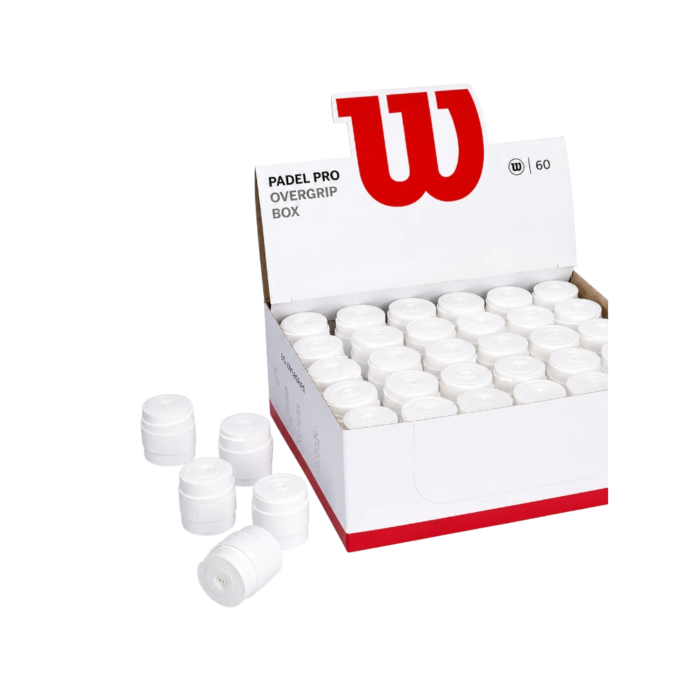 Caja de 60 overgrips blancos Wilson Pro Padel de PadelHouse para un agarre uniforme y control en la pala