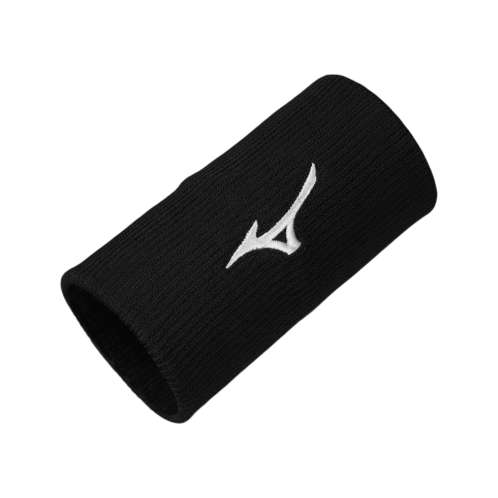 Muñequera larga padelhouse Mizuno de color negro con logo bordado en blanco para deportes de raqueta
