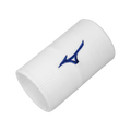 Muñequera larga padelhouse Mizuno en color blanco con el logo bordado en azul para deportes de raqueta