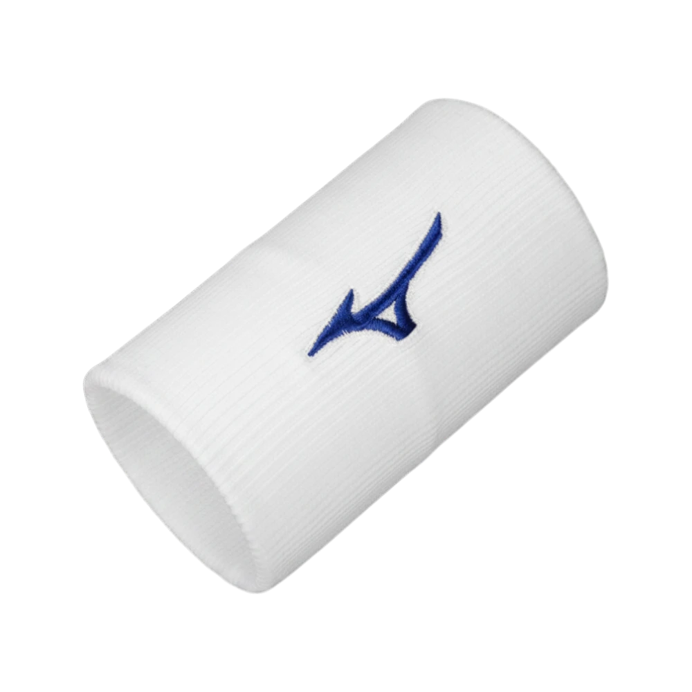 Muñequera larga padelhouse Mizuno en color blanco con el logo bordado en azul para deportes de raqueta