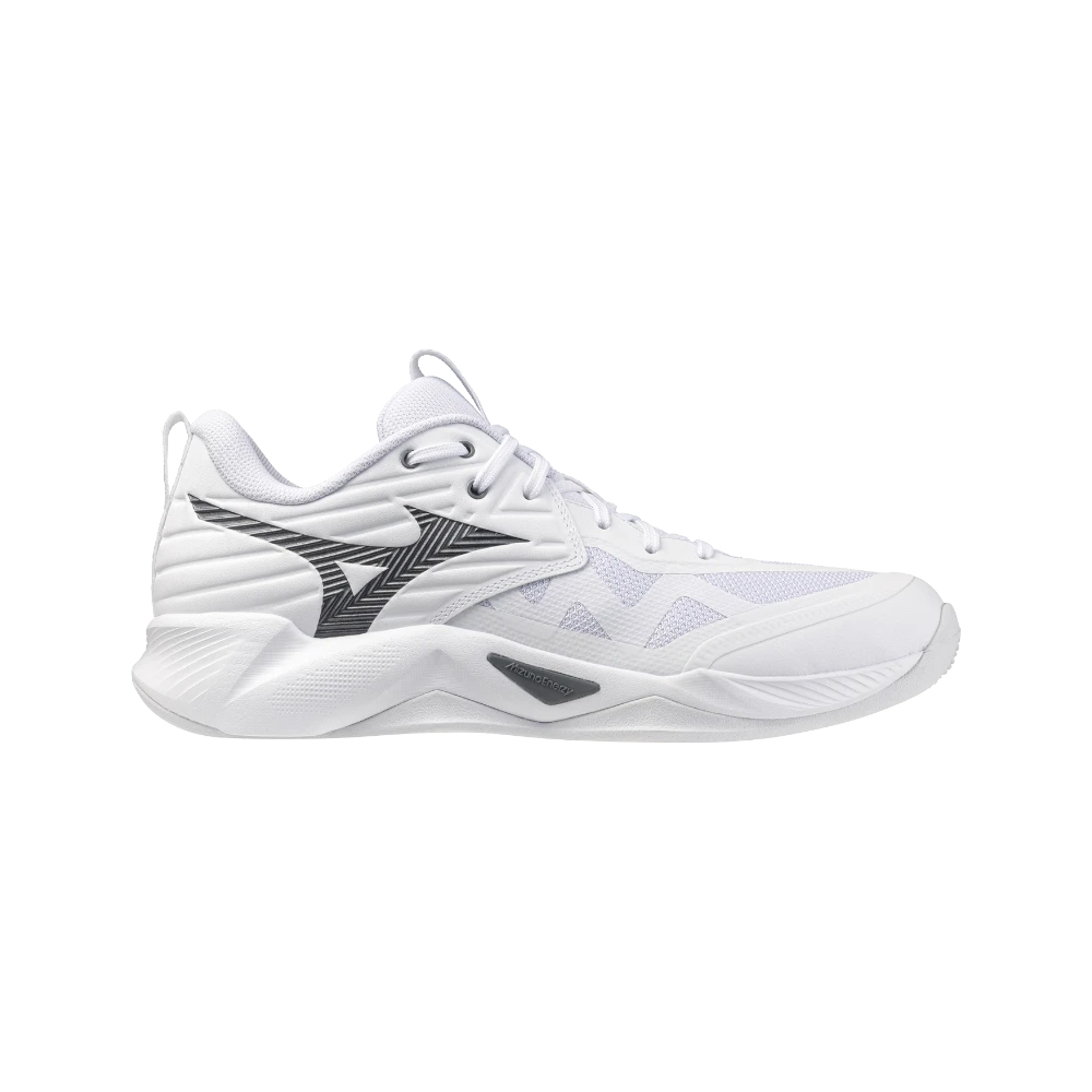 Zapatillas de pádel PadelHouse Mizuno Wave Momentum Pro en color blanco y gris con diseño técnico de malla